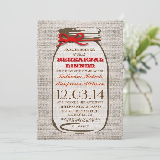 Rustieke Burlap Mason Jar repetitie diner Kaart (Staand voorkant)