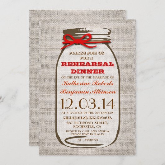 Rustieke Burlap Mason Jar repetitie diner Kaart (Voorkant / Achterkant)