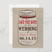 Rustieke Burlap & Mason Jar Save the Date Briefkaa Aankondigingskaart (Voorkant / Achterkant)