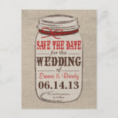 Rustieke Burlap & Mason Jar Save the Date Briefkaa Aankondigingskaart (Voorkant)
