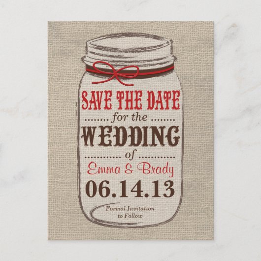 Rustieke Burlap & Mason Jar Save the Date Briefkaa Aankondigingskaart (Voorkant)