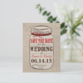 Rustieke Burlap & Mason Jar Save the Date Briefkaa Aankondigingskaart (Staand voorkant)