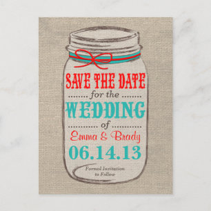 Rustieke Burlap & Mason Jar Save the Date Briefkaa Aankondigingskaart
