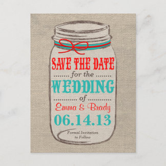 Rustieke Burlap & Mason Jar Save the Date Briefkaa Aankondigingskaart