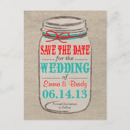 Rustieke Burlap & Mason Jar Save the Date Briefkaa Aankondigingskaart