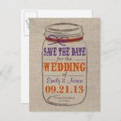 Rustieke Burlap & Mason Jar Save the Date Briefkaa Aankondigingskaart (Voorkant / Achterkant)