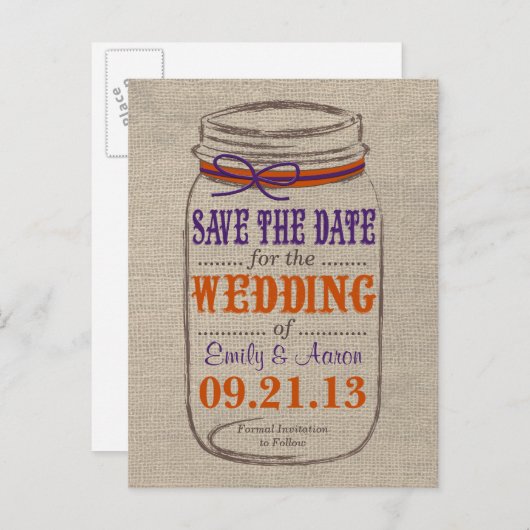Rustieke Burlap & Mason Jar Save the Date Briefkaa Aankondigingskaart (Voorkant / Achterkant)