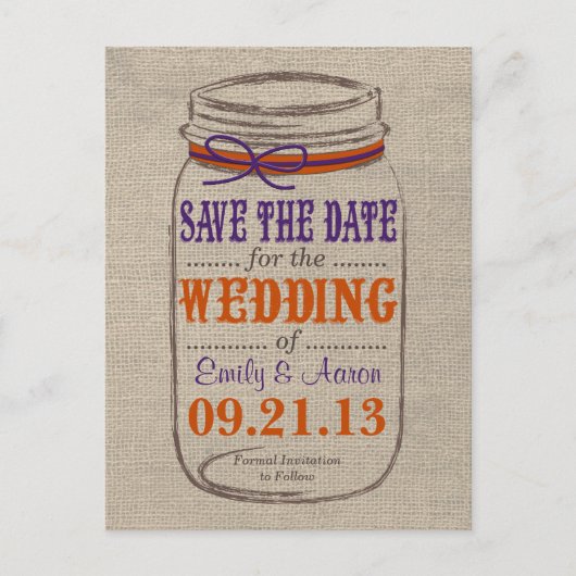 Rustieke Burlap & Mason Jar Save the Date Briefkaa Aankondigingskaart (Voorkant)