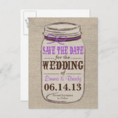 Rustieke Burlap & Mason Jar Save the Date Briefkaa Aankondigingskaart (Voorkant / Achterkant)