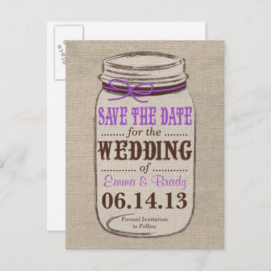 Rustieke Burlap & Mason Jar Save the Date Briefkaa Aankondigingskaart (Voorkant / Achterkant)