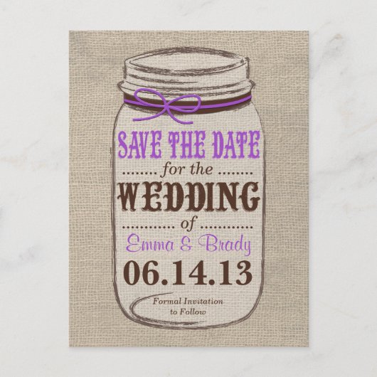 Rustieke Burlap & Mason Jar Save the Date Briefkaa Aankondigingskaart (Voorkant)