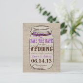 Rustieke Burlap & Mason Jar Save the Date Briefkaa Aankondigingskaart (Staand voorkant)