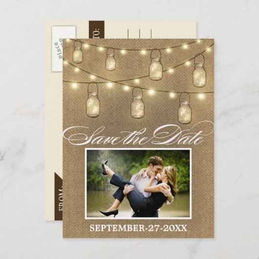 Rustieke Burlap Mason Jar Save the Date Briefkaart (Voorkant / Achterkant)