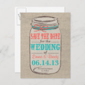 Rustieke Burlap & Mason Jar Save the Date - Koraal Aankondigingskaart (Voorkant / Achterkant)