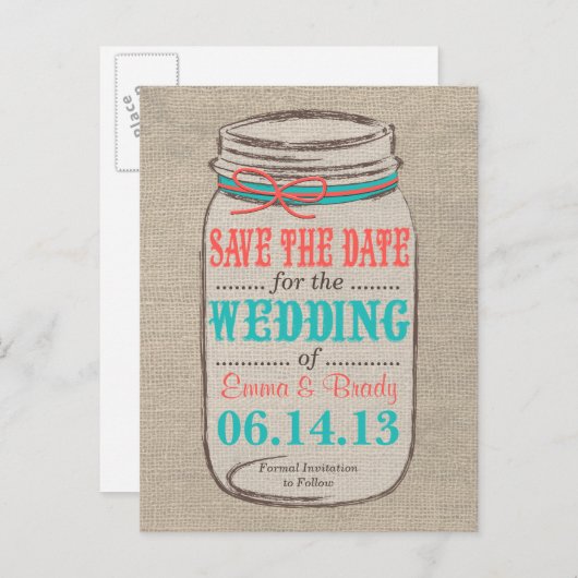 Rustieke Burlap & Mason Jar Save the Date - Koraal Aankondigingskaart (Voorkant / Achterkant)