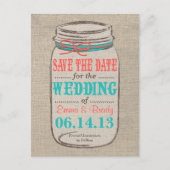 Rustieke Burlap & Mason Jar Save the Date - Koraal Aankondigingskaart (Voorkant)