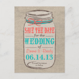 Rustieke Burlap & Mason Jar Save the Date - Koraal Aankondigingskaart