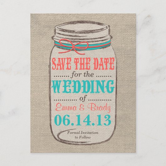 Rustieke Burlap & Mason Jar Save the Date - Koraal Aankondigingskaart (Voorkant)