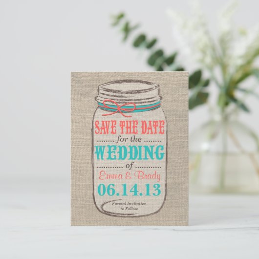 Rustieke Burlap & Mason Jar Save the Date - Koraal Aankondigingskaart (Staand voorkant)