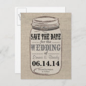 Rustieke Burlap Mason Jar Save the Date Zwart Grij Aankondigingskaart (Voorkant / Achterkant)