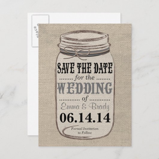 Rustieke Burlap Mason Jar Save the Date Zwart Grij Aankondigingskaart (Voorkant / Achterkant)