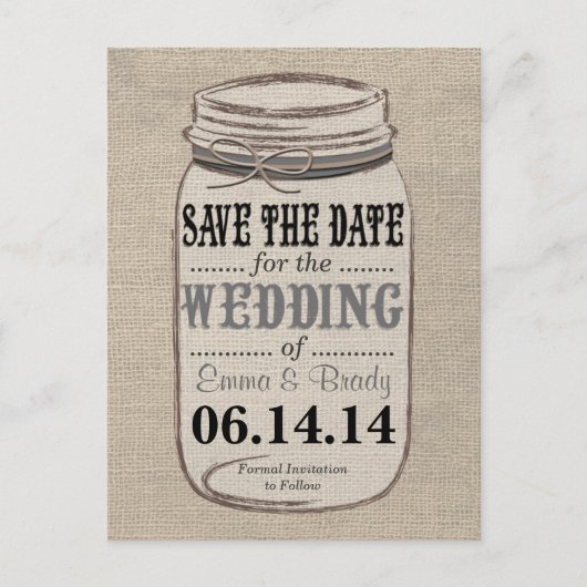 Rustieke Burlap Mason Jar Save the Date Zwart Grij Aankondigingskaart (Voorkant)