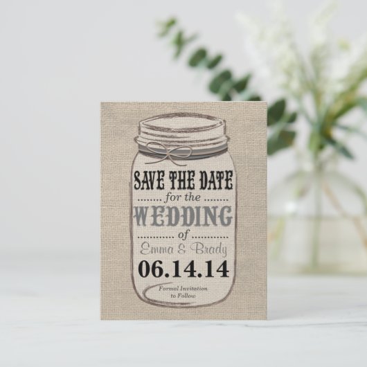 Rustieke Burlap Mason Jar Save the Date Zwart Grij Aankondigingskaart (Staand voorkant)