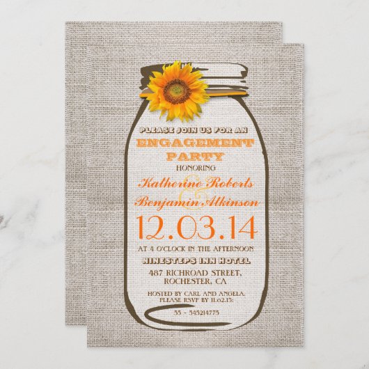 Rustieke Burlap Mason Jar Sunflower Engagement Par Kaart (Voorkant / Achterkant)