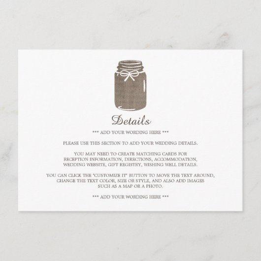 Rustieke Burlap Mason Jar Trouwdetail Informatiekaartje (Voorkant)