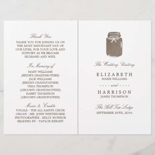 Rustieke Burlap Mason Jar Trouwprogramma (Voorkant)
