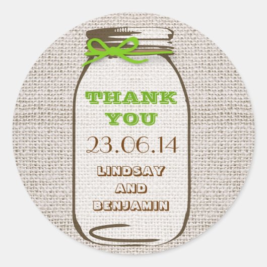 Rustieke Burlap Mason Jar Trouwstickers Ronde Sticker (Voorkant)