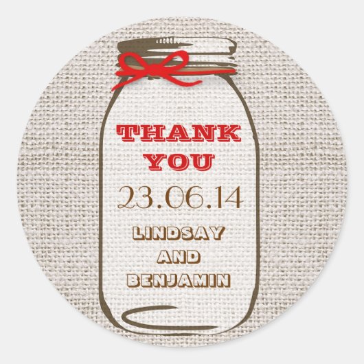 Rustieke Burlap Mason Jar Trouwstickers Ronde Sticker (Voorkant)