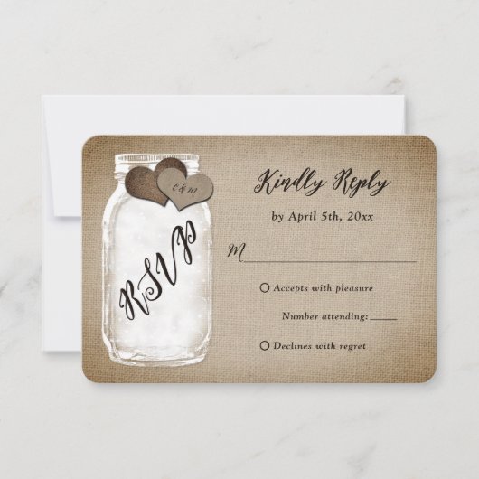 Rustieke  Burlap Mason Jar Wedding RSVP Kaartje (Voorkant)