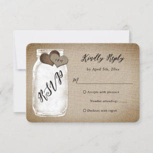 Rustieke  Burlap Mason Jar Wedding RSVP Kaartje