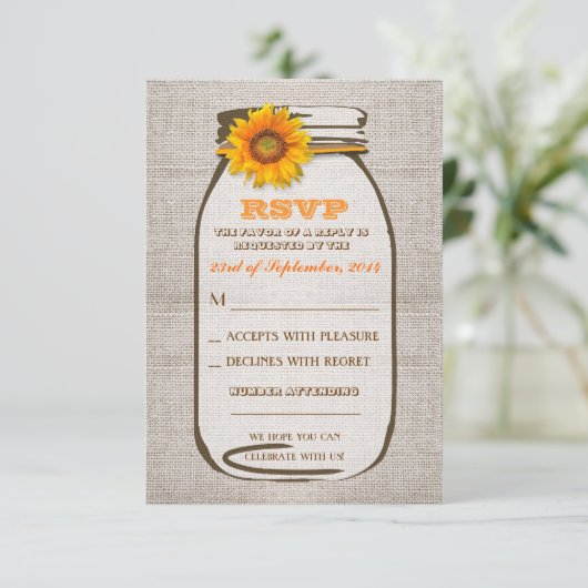 Rustieke Burlap Mason Jar Wedding Zonnebloem RSVP (Staand voorkant)