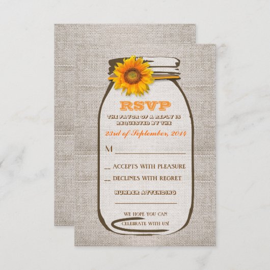 Rustieke Burlap Mason Jar Wedding Zonnebloem RSVP (Voorkant / Achterkant)