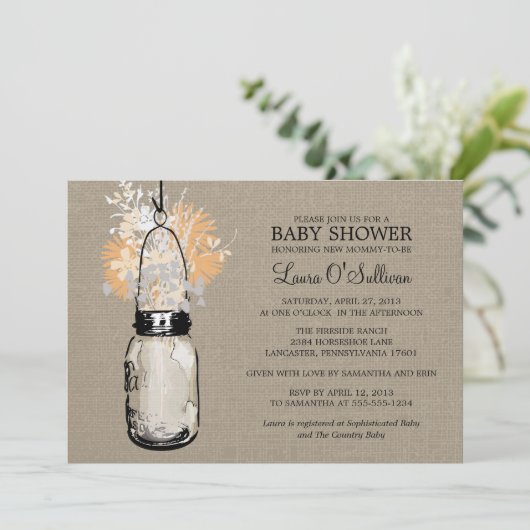 Rustieke Burlap Mason Jar Wildflowers Baby shower Kaart (Staand voorkant)