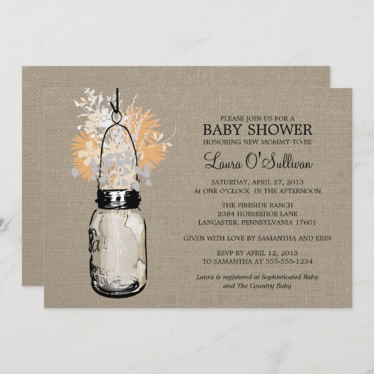 Rustieke Burlap Mason Jar Wildflowers Baby shower Kaart (Voorkant / Achterkant)