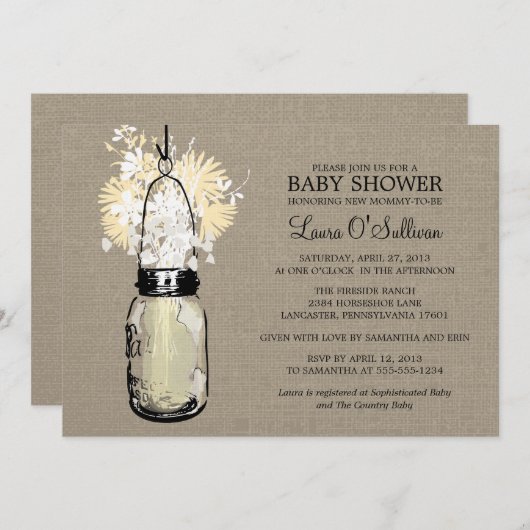 Rustieke Burlap Mason Jar Wildflowers Baby shower Kaart (Voorkant / Achterkant)