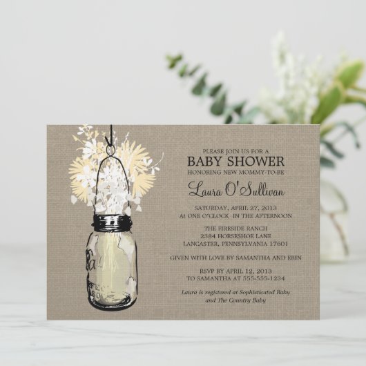 Rustieke Burlap Mason Jar Wildflowers Baby shower Kaart (Staand voorkant)