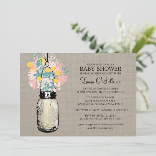 Rustieke Burlap Mason Jar Wildflowers Baby shower Kaart (Staand voorkant)