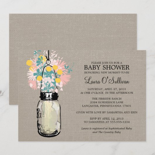 Rustieke Burlap Mason Jar Wildflowers Baby shower Kaart (Voorkant / Achterkant)