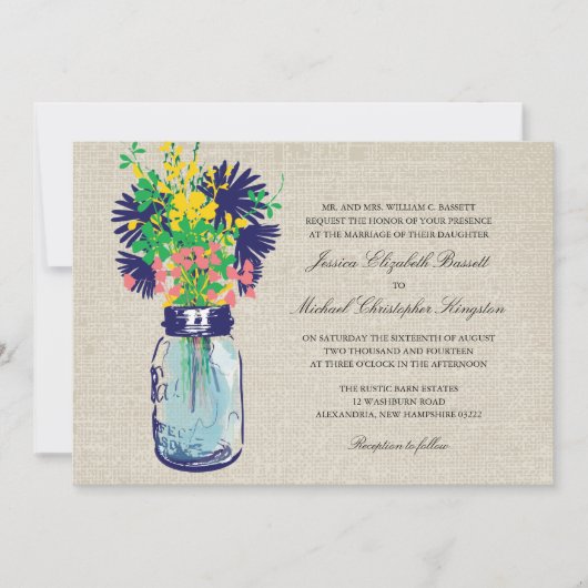 Rustieke Burlap Mason Jar Wildflowers Wedding Kaart (Voorkant)