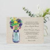 Rustieke Burlap Mason Jar Wildflowers Wedding Kaart (Staand voorkant)
