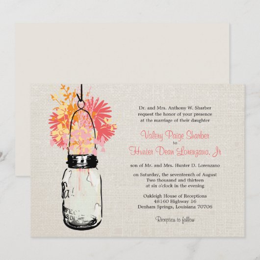 Rustieke Burlap Mason Jar Wildflowers Wedding Kaart (Voorkant / Achterkant)