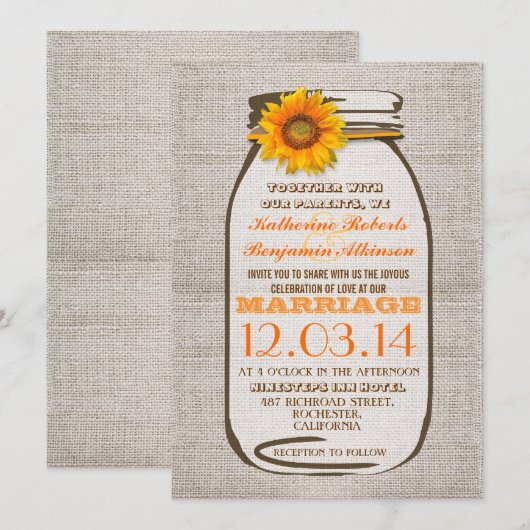 Rustieke Burlap Mason Jar Zonnebloem Huwelijksuitn Kaart (Voorkant / Achterkant)