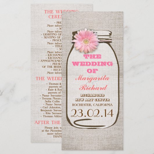 Rustieke burlap mason pot roze bruiloft programma' programmakaart (Voorkant / Achterkant)