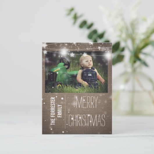 Rustieke Burlap Merry Christmas Stars Familiefoto Feestdagenkaart (Staand voorkant)