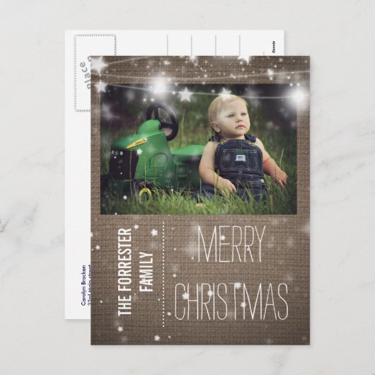 Rustieke Burlap Merry Christmas Stars Familiefoto Feestdagenkaart (Voorkant / Achterkant)