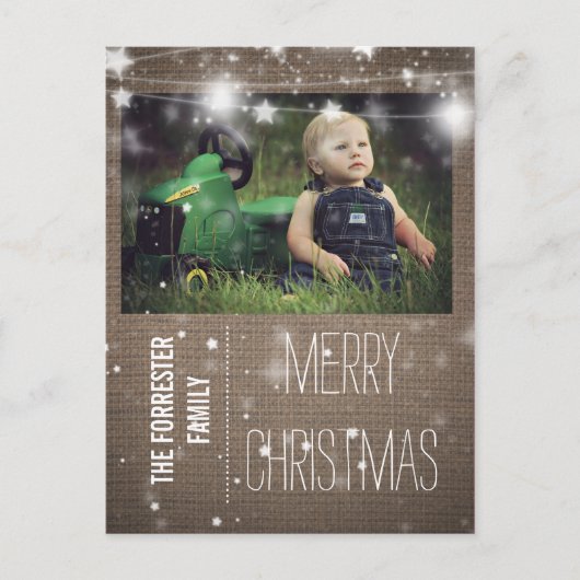 Rustieke Burlap Merry Christmas Stars Familiefoto Feestdagenkaart (Voorkant)